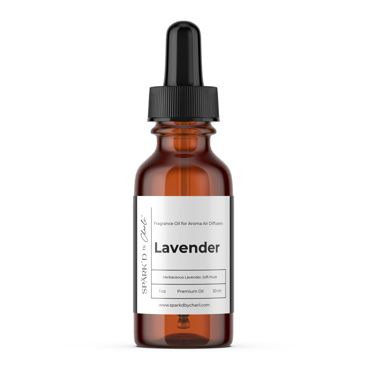 Spark'd by Charli Lavender Aroma Diffuser Oil in 1oz amber glass bottle with dropper